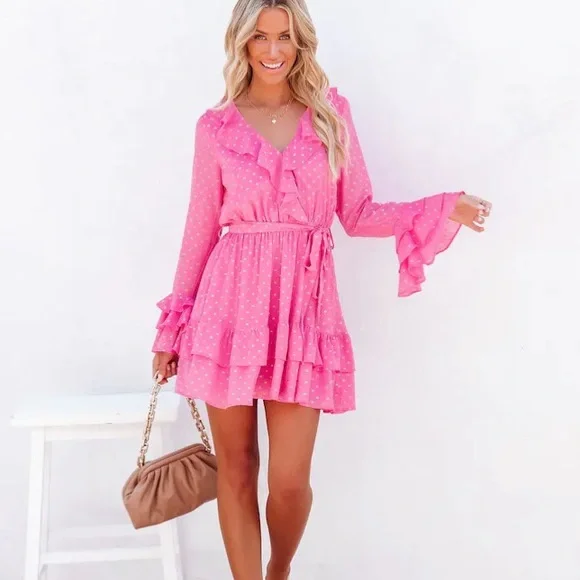 Hot Pink Ruffle Mini Dress - Picture 1 of 5